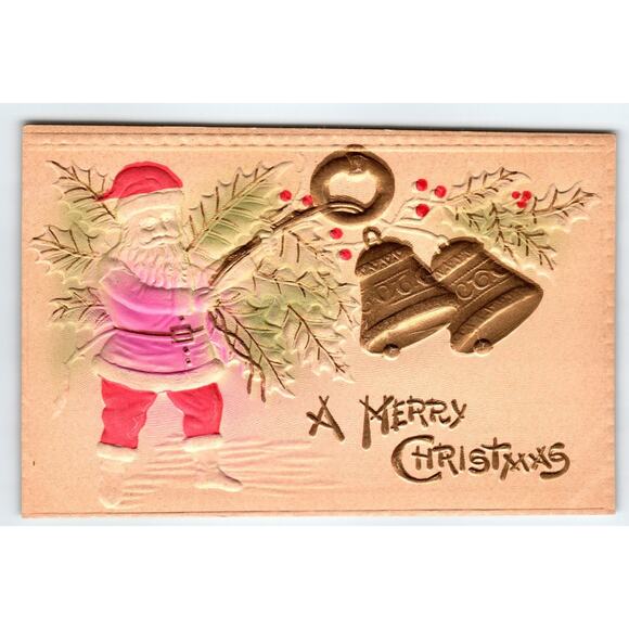 Vintage Deep Embossed Santa Claus Christmas Postcard with Bells Holiday Antique - Picture 1 of 2